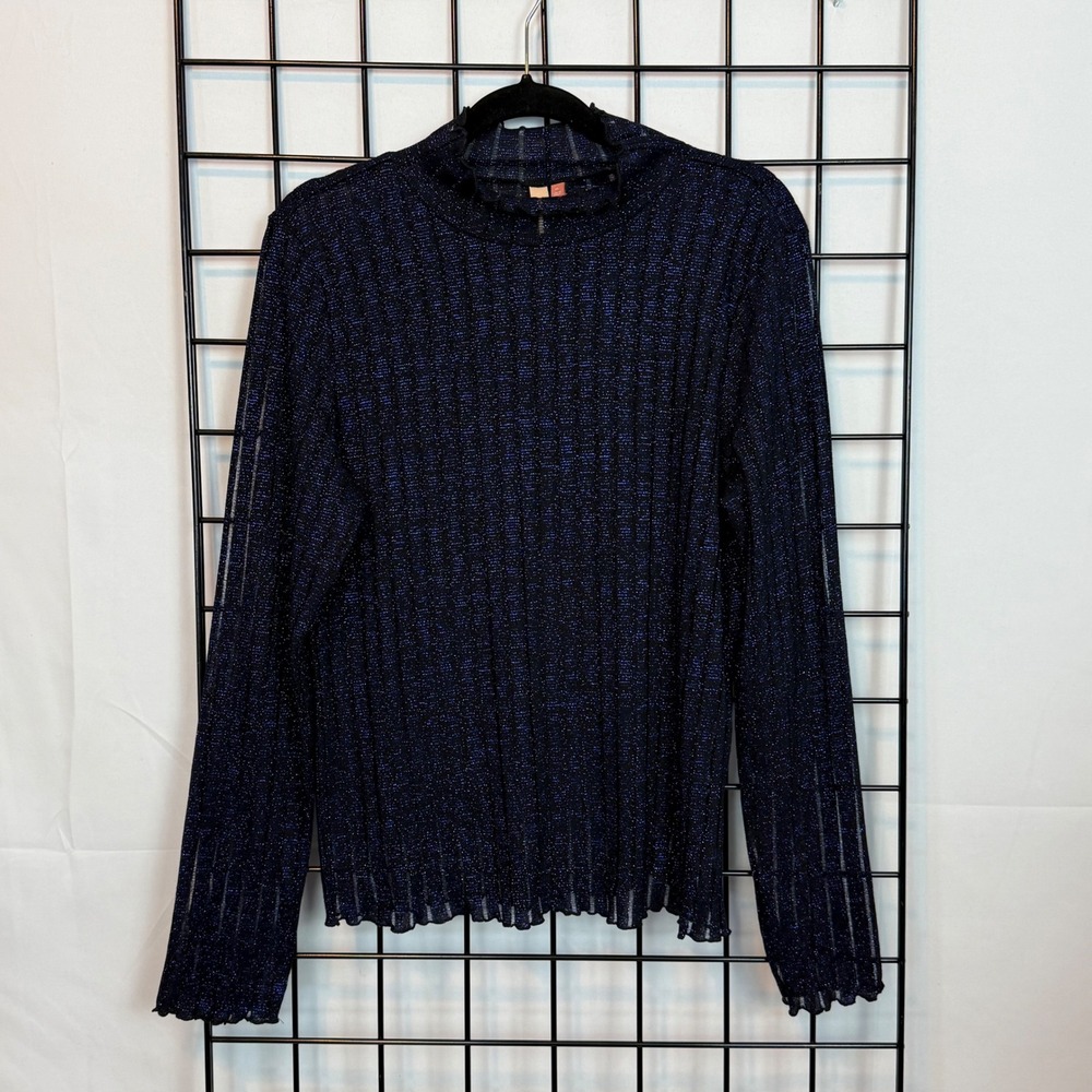 Anthropologie Pilcro Sheer Turtleneck Womens XL Navy Glitter Shimmer Boho Casual